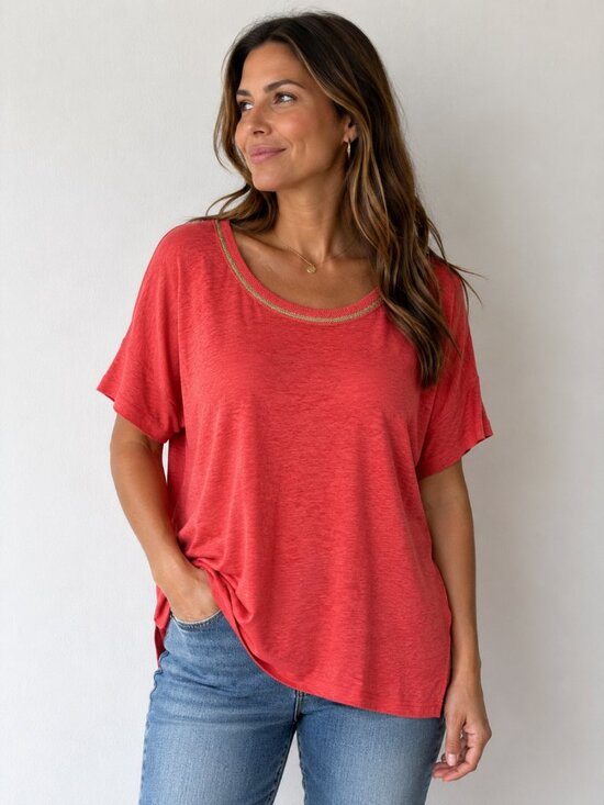 Chico's Tops - Chico's Size 3 Pure Linen Sweater Trim Tee Shirt Coral Beachy Costal Xl Summer